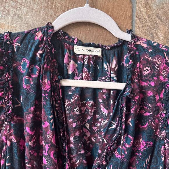 Ulla Johnson Prissa Floral Long Sleeve Ruffle Mini Dress in Midnight - Size 0 - Picture 6 of 14